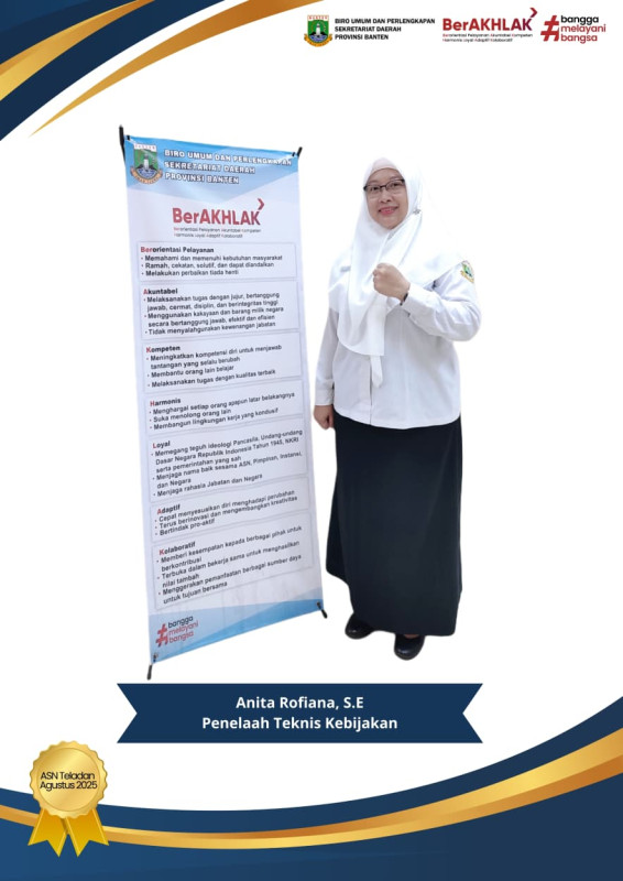 Selamat kepada Anita Rofiana, SE terpilih sebagai ASN Teladan Periode Bulan Agustus 2025 di lingkungan Biro Umum dan Perlengkapan Sekretariat Daerah Provinsi Banten.
